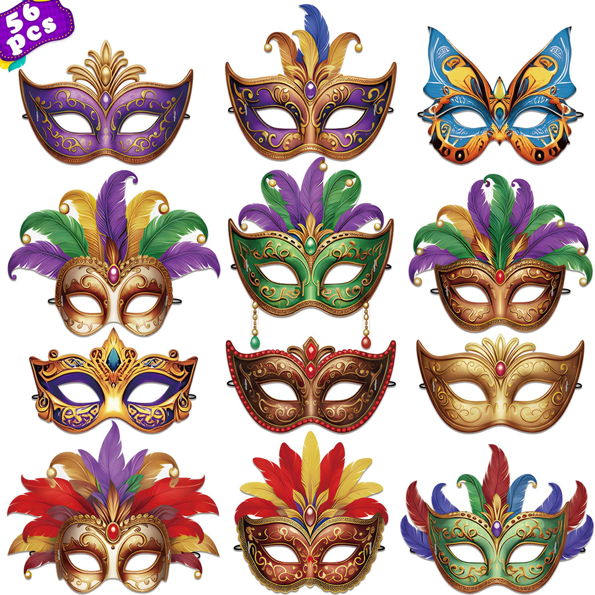 56PCS Mardi Gras Masks Bulk Set: Party Decorations Carnival Favors(Paper)