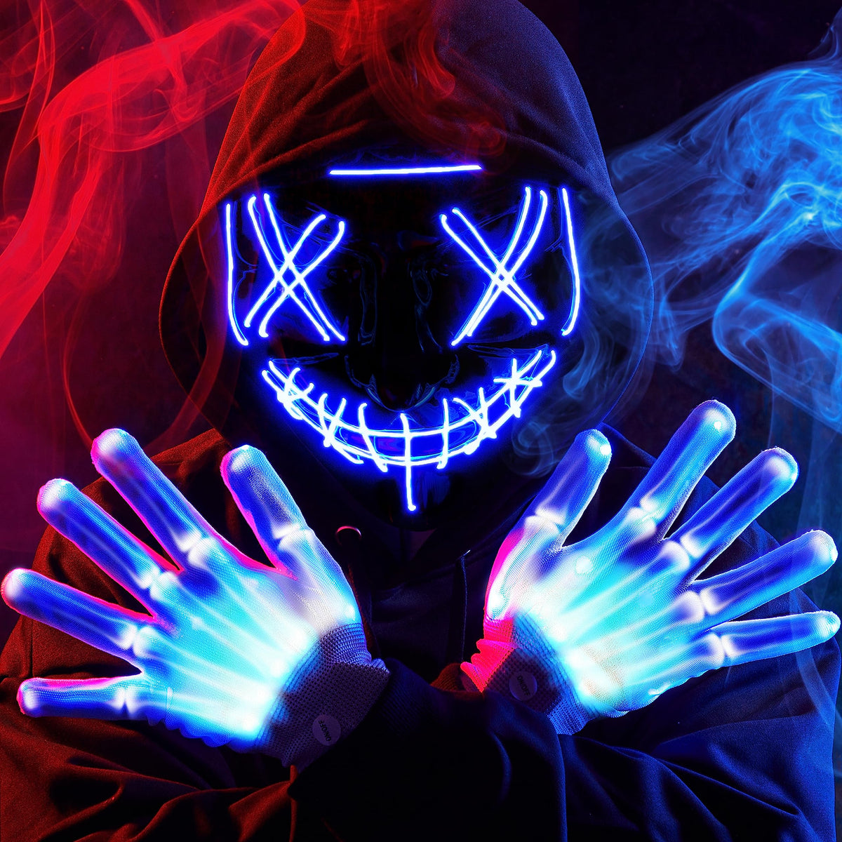 JOYIN Halloween Led Mask, Light Up Mask and Gloves for Cosplay Costume (Pink & Blue), 3 Modes Scary Glow in The Dark Masks for Halloween Party Dress Up Accessories, Gifts Giving