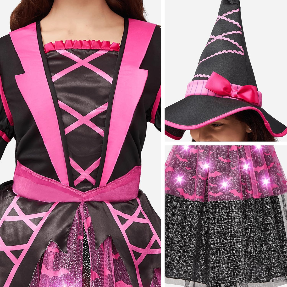 Spooktacular Creations Halloween Witch Costume Kids, Light Up Witch Dress with Hat and Broom for Girls, Toddlers Bat Outfit Set for Halloween Costumes Role Play Parties, Pink (Medium(8-10 yrs))