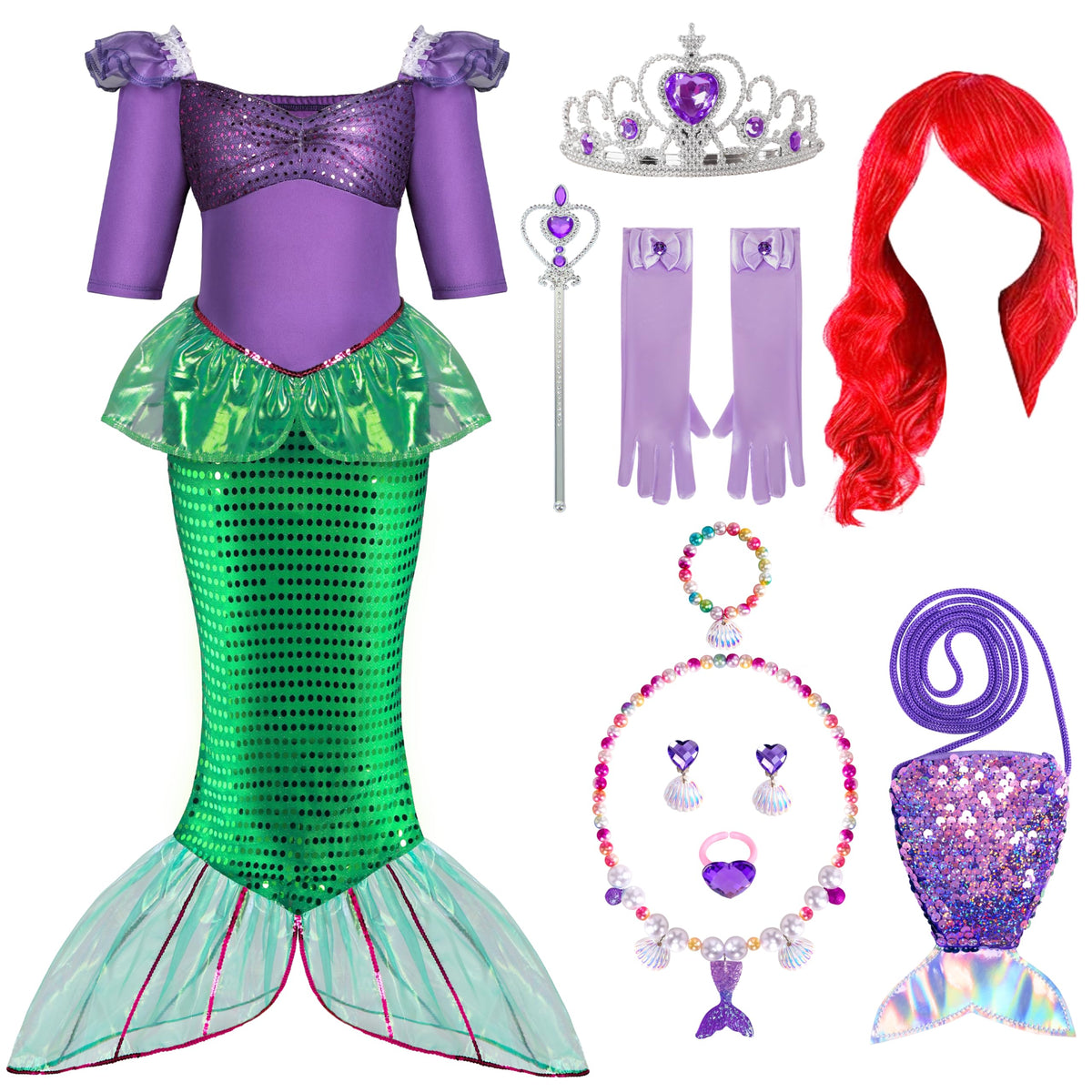 Spooktacular Creations Halloween Little Mermaid Costume for Girls, Sequin Mermaid Dress Set, Dark Purple Princess Dress for Toddler Dress-Up, Cosplay Party (Medium, 8-10 yrs)