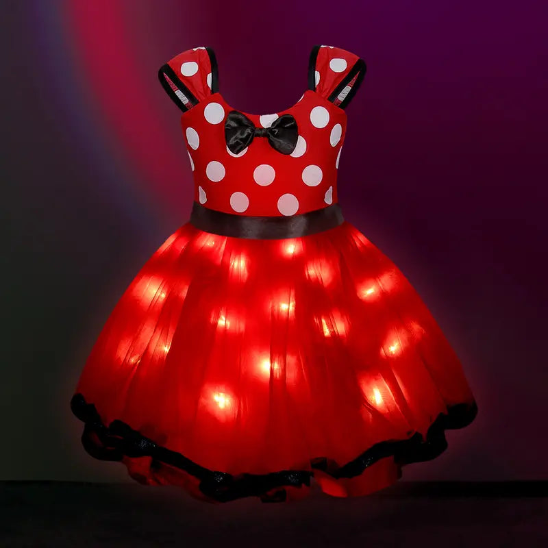 UPORPOR Girls' Holiday Princess Costume - Light-Up Polka Dot Tulle Tutu Dress with Bow, Halloween/Christmas Hand Wash Only Outfit for 3-4Y/5-6Y Polyester Special Moments Wear, 3 - 4 Years