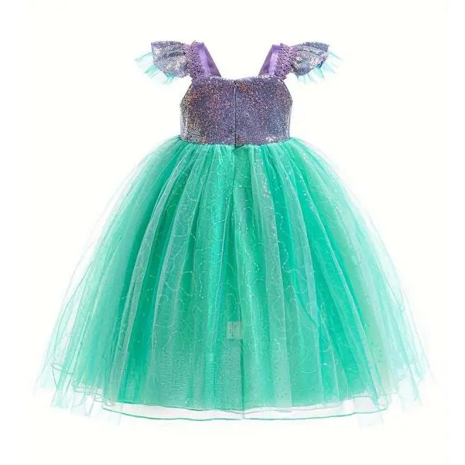 Mermaid Princess Dress Girls Halloween Birthday, Sequined Tulle Flared Skirt, Mermaid Theme Performance Costume, Classic Party Gown for Kids 4-10Y Knee-Length