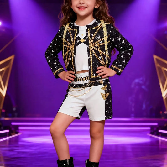 Girls' Stage Costume Set, Costume Outfit, Themed Costumes, Cartoon Print, Slim-Fitting, Party Style, Soft Fabric, Perfect Gift, Short Top, Tank, Shorts, Costume For Parties