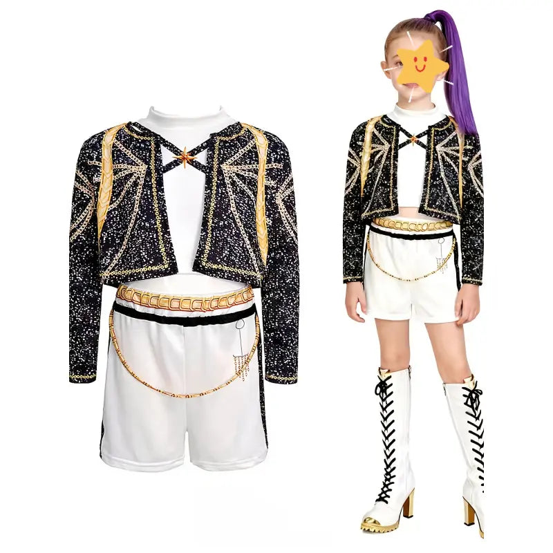 Girls' 3-Piece Performance Wear Set - 2026 Spring/Summer New Singer-Inspired 3D Printed Sparkle Vest, Jacket & Shorts, Comfortable Cut for Girl Group Shows, Halloween, 3-4Y