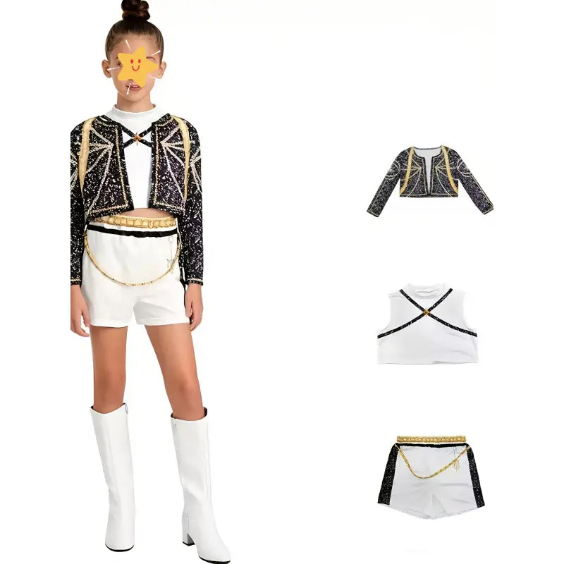 Girls' 3-Piece Performance Wear Set - 2026 Spring/Summer New Singer-Inspired 3D Printed Sparkle Vest, Jacket & Shorts, Comfortable Cut for Girl Group Shows, Halloween, 3-4Y