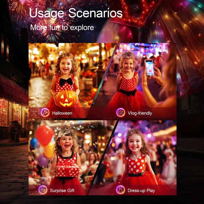 UPORPOR Girls' Red LED Glitter Cartoon Character Princess Costume Dress - Polyester, 3y-4-5y (3-4 Years Fit), Headband, Remote, Light-Up Skirt, 100+ Music-Sync LED Modes, for Parties, Pretend Play